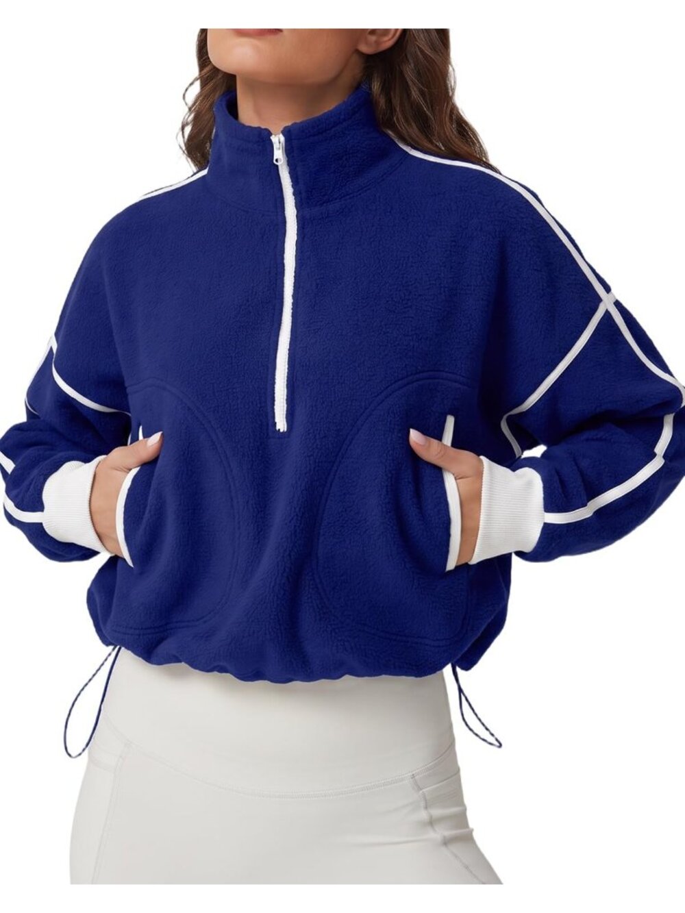 Women's Royal Blue Fleece Half-Zip Cropped Drawstring Hem Cozy Sherpa Sweatshirt